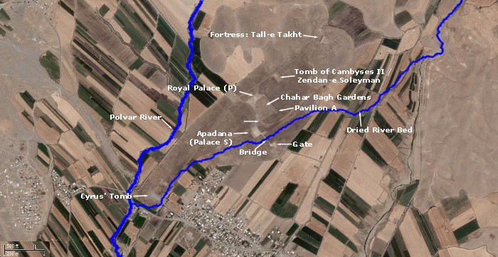 Satellite view showing location of the structures at the Pasargadae site