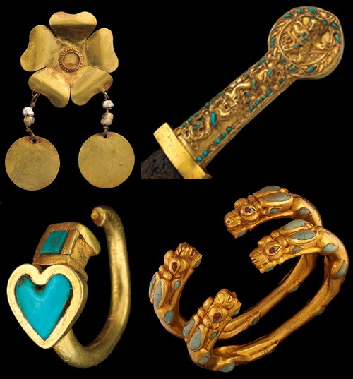 Variety of gold items with stone inlay.