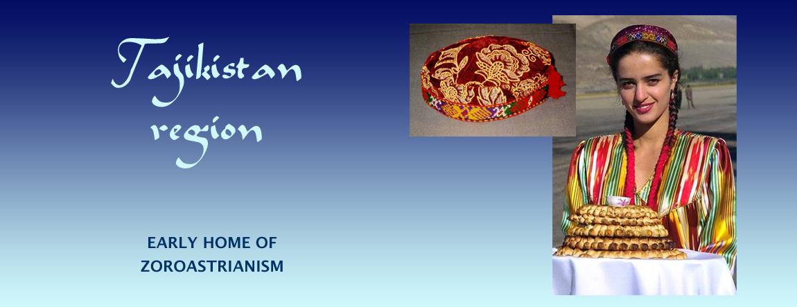 Tajikistan Region & Zoroastrianism. Image: Tajik woman in traditional dress holding bread and salt