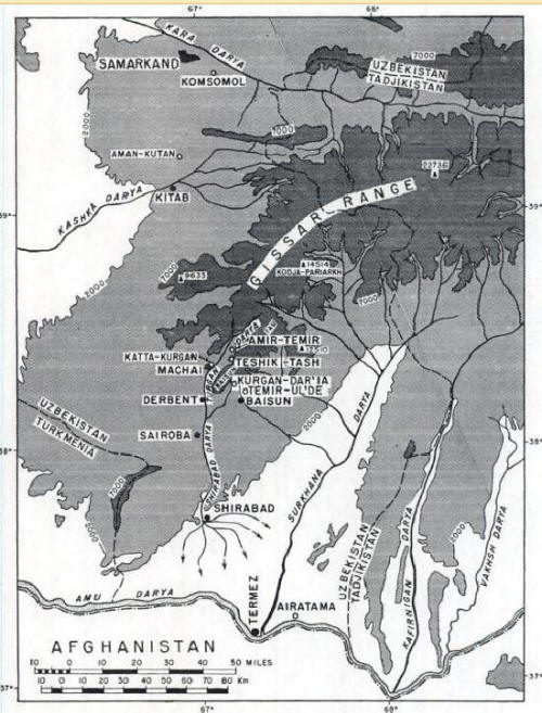 Map showing the location of Teshik Tash, Amir Temir & other sites