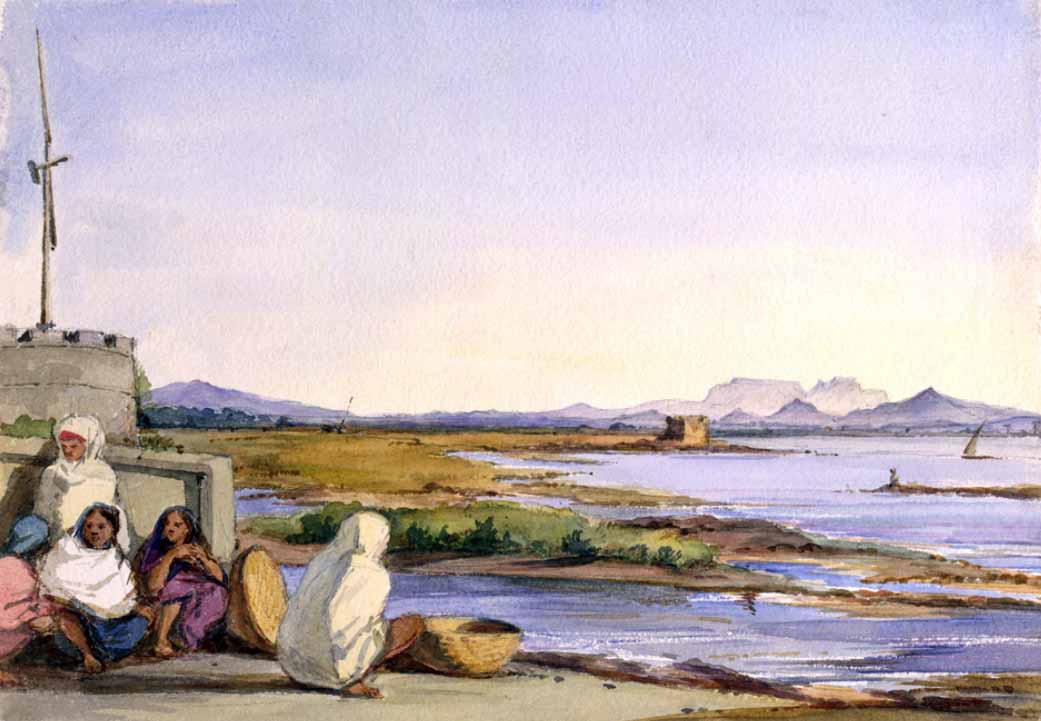 'Tanna Bunder. Shahpoor in the distance' dated Jan. 6th 1851. Artist: Carpenter, William (1818-1899). Watercolour. Source: British Library. ['Shahpoor', a Zoroastrian / Persian name, may refer to a township some 45 km NE of Thana.]