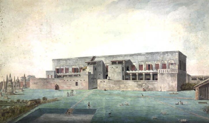 British East India Company Factory in Asia. Back view of a factory with high surrounding walls. In the foreground a tank, to the left the cemetery with large tombs. A sepoy sentry stands outside the wall and an English man sheltered by an umbrella and accompanied by servants is approaching the entrance. Painting 1790-1800.