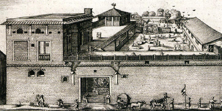 Dutch Factory at Surat as seen in April 1629. Plagerized / Reproduced by J.A. von Mandelso and labelled 'English factory'after an original etching by Pieter van den Broecke (1585-1640), a Dutch cloth merchant in the service of the Dutch East India Company in Korte Historiael ende Journaelsche Aenteyckeninghe published in Amsterdam, 1634. The only difference between the Mandelso & Broecke images is the distribution of people passing in front of the building
