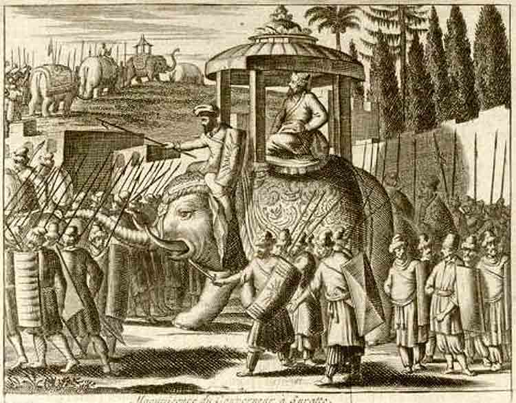 Magnificence of the Sultan (Governor) at Suratte, from 'Voyages Celebres et Remarquables faits de Perse etc.', by Jean Albert de Mandelslo, 1727