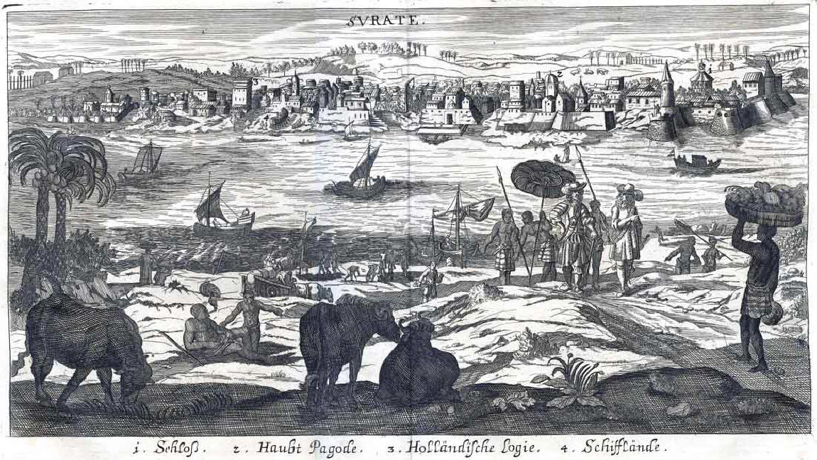 Panoramic view of Surat 1672. An extensively engraving variously attributed to Dutch Philip Baldaeus (original?), Johan Nieuhof and Jacob Koppmayer from Wagner's 'Delineatio provinciarum Pannoniae et Imperii Turcici', Augsburg, 1687
