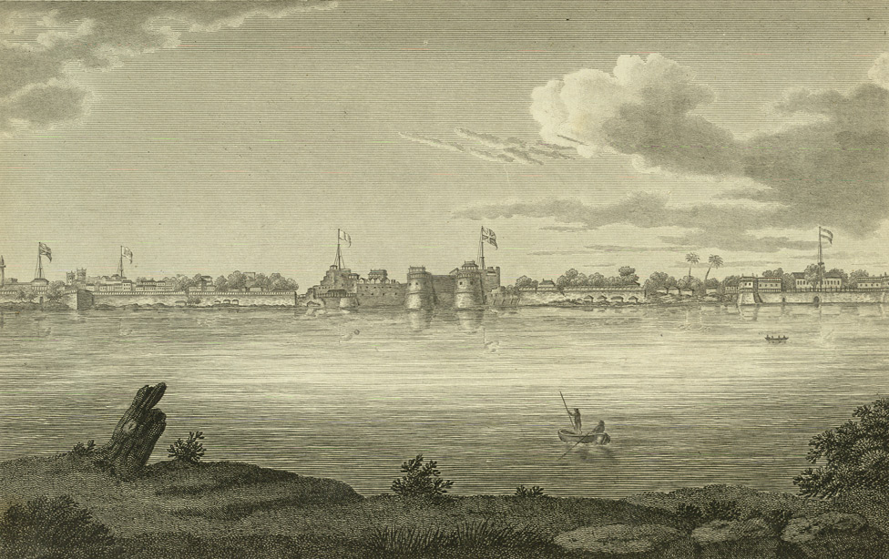 'Surat on the Banks of the Tappee' 1760s. Another extensively plagiarized engraving. This version in James Forbes' (1749-1819) Oriental Memoirs. Engraving Date: 1813. Forbes noted, 'This engraving represents this celebrated city in the most interesting point of view, from the English Factory to the Dutch bunder, taken on the opposite side of the river. In the centre is the Castle, with the British and Mogul colours on the towers; the more distant flag surmounts the Portuguese Factory.'