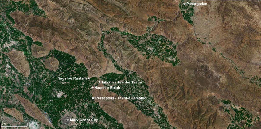 Satellite relief map of the Marv Dasht (large green area) valley plains and Persian historical sites. click to see a larger map
