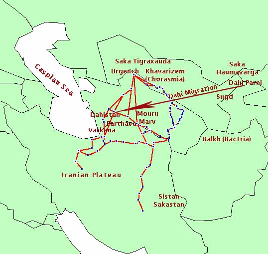 Caravan route (Silk Roads) section passing through Dahistan. Section between Dahistan-Parthava-Sistan-Merv-Khvarizem