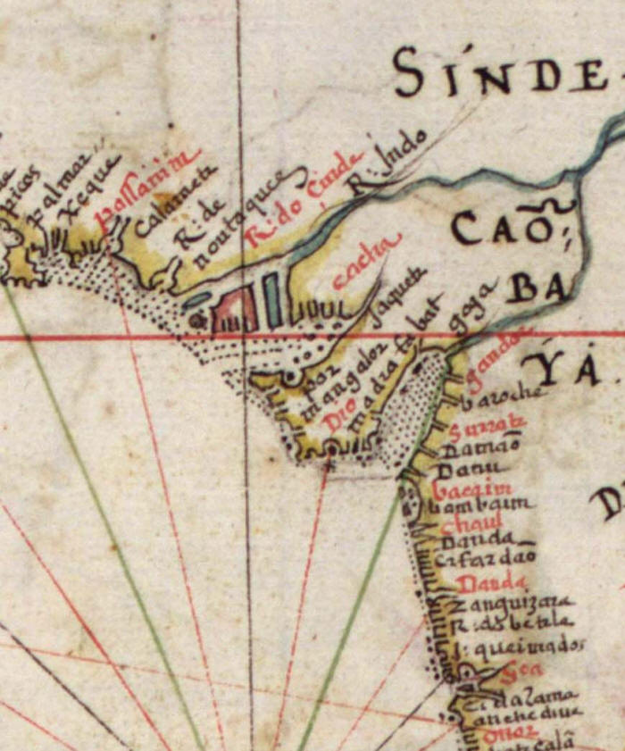 Map of Portuguese Enclaves and Interests in India c 1630 CE. Note the large letters for Cambay (Khambat) written as Caobaya (also Cambaia). Khambat was India's principal port at that time and may have lent its name to the surrounding region. Bombay is written as Bambaim.