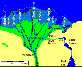 Map showing the Nile delta and the route of Darius' canal connecting the red Sea to a branch of the River Nile