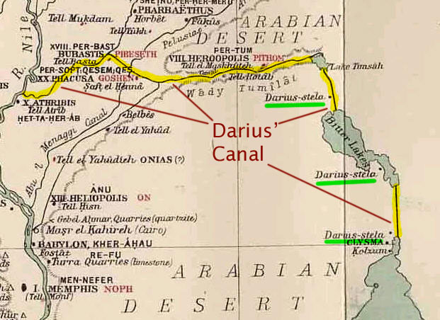 Map showing the route of Darius' canal including the location of various steles containing his message