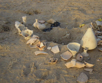 Ancient pottery carelessly strewn all over Sarianidi supervised sites