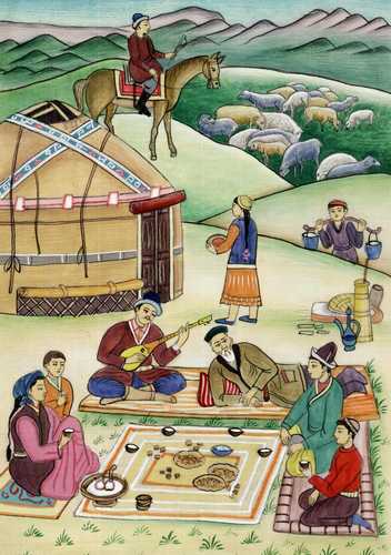 Nomadic Turkic family relaxing outside their pastoral Yurt