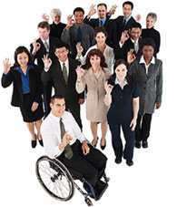 A group of diverse people looking up and waving towards the camera